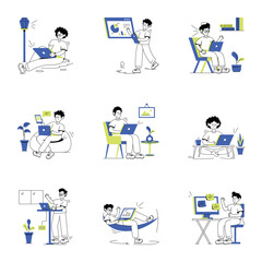 Pack of Remote Employees Linear Illustrations 

