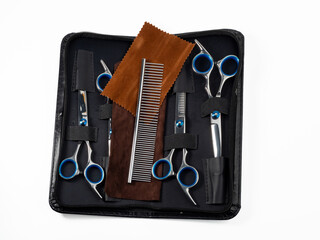 Scissors and comb for grooming dogs. Dog grooming kit. Close-up of a dog grooming tool.