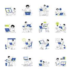 Set of Remote Workers Linear Illustrations 

