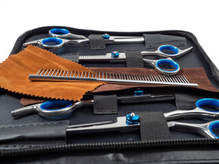 Scissors and comb for grooming dogs. Dog grooming kit. Close-up of a dog grooming tool.
