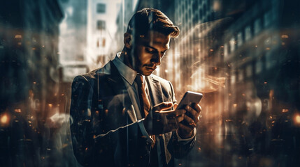 Double exposure of businessman in suit using smartphone.