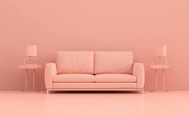 Pink monochrome interior space with sofa, end tables and lamps. 3D render.