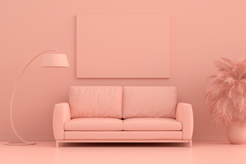Mock up empty or blank poster frame on a blue wall background with sofa, floor lamp and decorative plants. 3D Rendering pink monochrome interior room space.