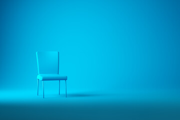 Modern blue chair standing in interior empty blue room with copy space. 3D Render.