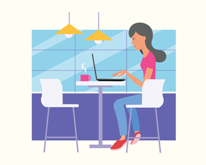 Young lady sitting in buffet at table with coffee, working on laptop. Successfully time management for freelancer. Creative employee doing remote job. Vector flat illustration in blue colors