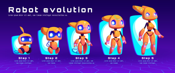 Cute ai robot character level evolution for game tech vector cartoon illustration. Future timeline upgrade computer technology for exoskeleton programming. Artificial intelligence humanoid companion