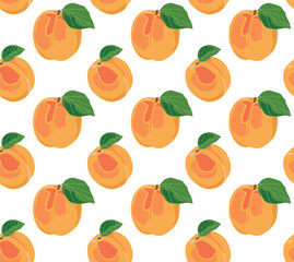 Set of ripe apricots with leaves. Summer juicy fruits. Seamless pattern in vector. Suitable for backgrounds and prints.
