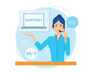 Young female operator from call center talking online with client, helping people online. Customer support department staff. Customer service communication. Vector flat illustration in blue colors