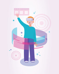 Cartoon character using VR technologies. Man wearing VR headsets and experiencing virtual reality simulation. People in virtual reality concept. Flat vector illustration in pink and purple colors