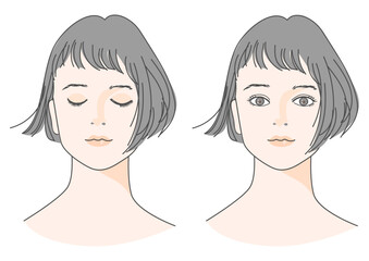 目を閉じた黒髪ボブヘアの日本人女性の顔 正面アップのイラストセット 目を開けた女性のバリエーション