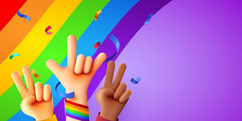 Rising multiethnic Hands celebrate pride month on LGBT rainbow flag background. People's rights movement, diversity concept.
