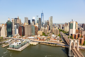 New York City skyline aerial view of Manhattan with World Trade Center skyscraper and Brooklyn Bridge in the United States
