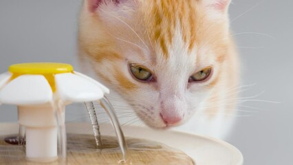 Young ginger kitten drinking water from cat home fountain. Thirsty cute pet close up