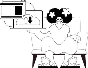 The female child with the browser that synchronizes the datum . Cloud repositing beginning . char and white ancestry artwork. Trendy style, Vector Illustration