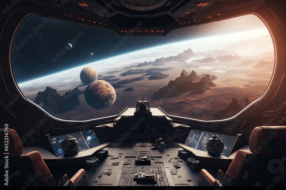 Wall mural spaceship dark interior with view on distant planets solar system. generative ai aig15.