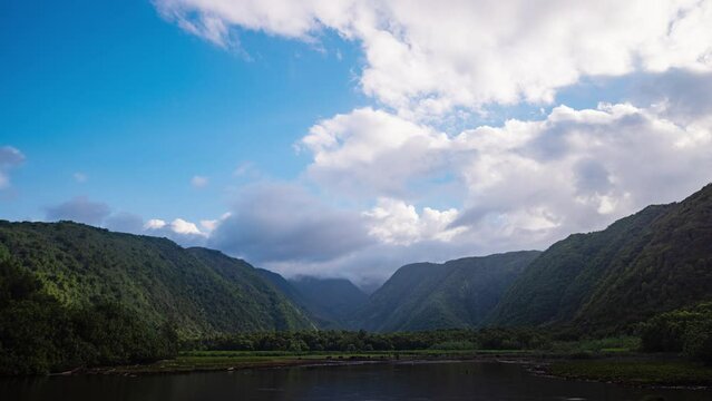 Timelapse - Panoramic aerial view of the valley in the Pacific Ocean