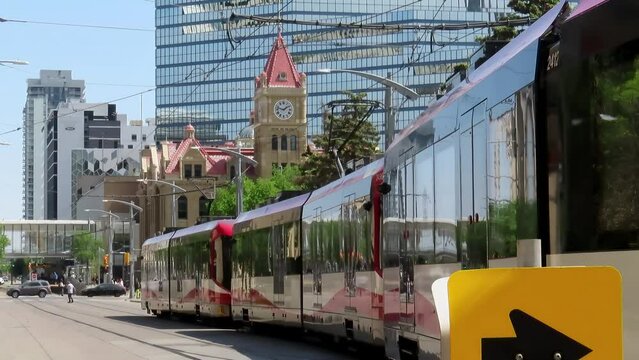 A light rail train in downtown Calgary.
