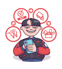 Young boy with braces order thing, shopping online via mobile phone. Concept of fast delivery products. Special offers at online stores. Vector flat illustration in funny cartoon style