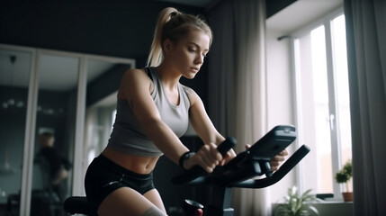 Fototapeta na wymiar Exercise bike workout: Young woman training in virtual fitness class.