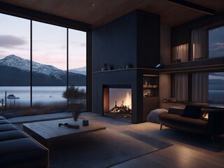 Living Room Interior Design of a Modern House living room overlooking the mountains. High Ceiling, high window 