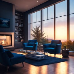 Living Room Interior Design of a Modern House living room overlooking the mountains. High Ceiling, high window 