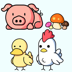 Vector illustration of little pig, three mushrooms, duck and chicken in cute cartoon style
