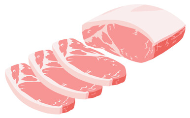 Chunk and slices of raw pork against white background