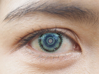 Closeup Shot at A beautiful eye of a young lady with advanced visual user interface technology blue...