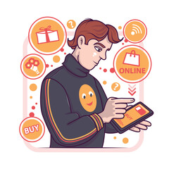 Man holding tablet and ordering goods and gifts in online store. Products purchase and delivery. Client buying over Internet. Modern technology and lifestyle. Vector in funny style