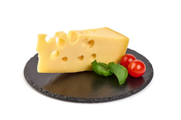 Maasdam cheese block, isolated on white background. High resolution image.