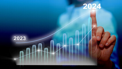 Growing virtual hologram stock chart in New Year 2024. Developnent, planning and strategy, stock...