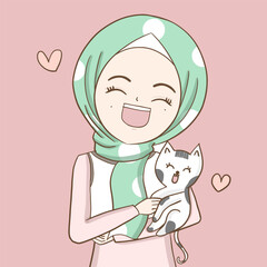 happy hijab girl is holding a cat , muslim woman with kitty
