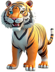 Fototapeta premium Cartoon tiger in 3D style, isolated on white background as transparent PNG, generative AI animal