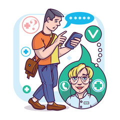 Young man walking outside, holding smartphone and chatting with doctor. Nurse providing modern healthcare services via Internet. Video call meeting with therapist. Vector flat illustration