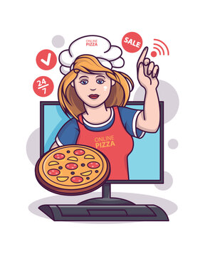 Professional chef holding pizza. Restaurant food delivery, online order via internet concept. Special offers at online stores. Vector flat illustration in funny cartoon style