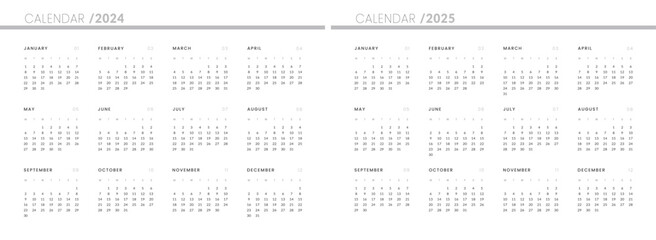 Set of 2024-2025 Annual Calendar template. Vector layout of a wall or desk simple calendar with week start monday.