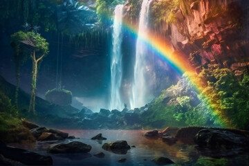 Magical psychedelic landscape, with a waterfall, colorful plants and a rainbow. Created with Generative AI technology.