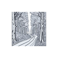 A dirt road through the forest, line art. 