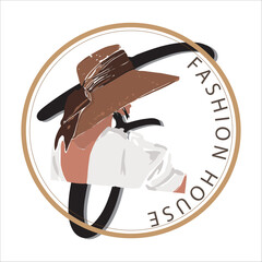 Image a women with hat in pestle chocolate color. Fashion house logo with circle background.
Suitable for business logo, template, sticker, postcard 
