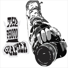 An image of a man holding camera in his hand. Black and white. 
Suitable design for creative arts, t shirt design, print on demand, poster template, business logo
