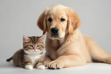 Golden retriever puppy and cute kitten lie together,ai generated