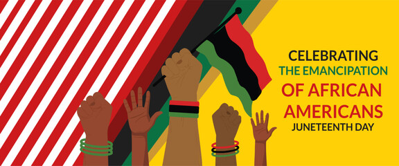 Juneteenth, Freedom Day in the United States of America. June 19, 1865, Dark-skinned hands together at American, freedom day Vector banner, Pan-African flags background. 