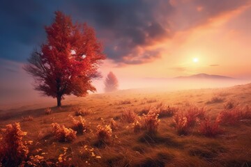 Fototapeta na wymiar Vibrant Autumn Scene: Fall Landscape, Warm Hues and Colorful Foliage, Trees With Colorful Leaves - Generative AI