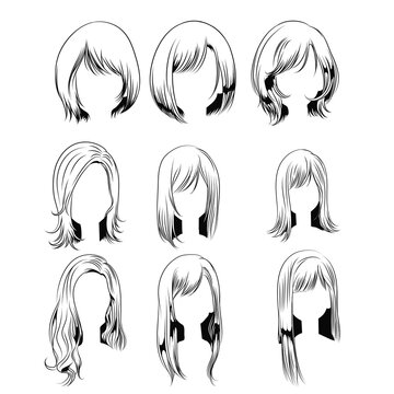 set of vector line art anime girl hair for graphic resources