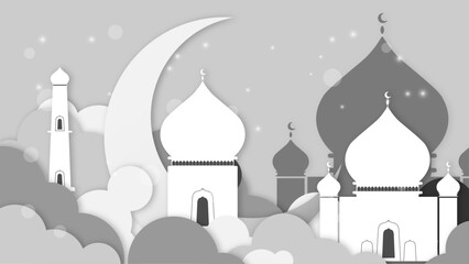 ramadan kareem illustration with silhouette of mosque and gate on cloudy cloud background