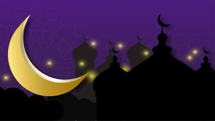 ramadan kareem illustration with silhouette of mosque and gate on cloudy cloud background
