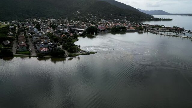Aerial Drone View, Town of Lagoa da Conceicao, Island of Santa Catarina in Brazil in Summer, 