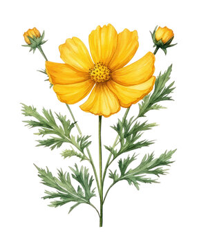 Yellow Cosmos flower isolated watercolor illustration. Generative AI.