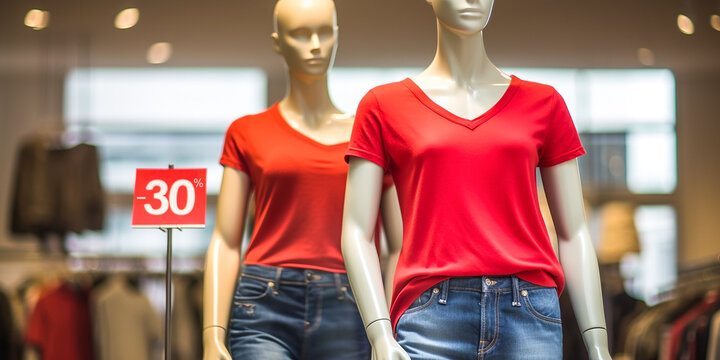 Mannequins in bright red t-shirts. Sale in the store. Female dummies in the shop. Generative Ai