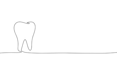Tooth isolated on white background. One line continuous vector illustration. Line art, outline.
